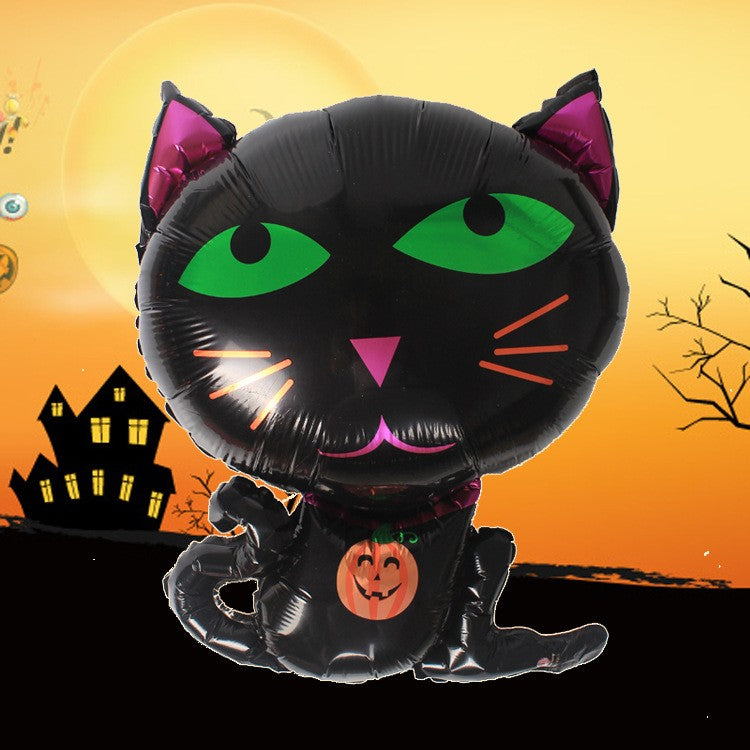 Set 5 Baloane din Folie Metalizata, Figurine, Tema Halloween, Pai Inclus, Ambalaj Individual, Umflare cu Aer sau Heliu, Figurina Pisica 65x49 cm, Stelute si Cerculete 45 cm, Negru