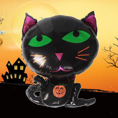 Set 5 Baloane din Folie Metalizata, Figurine, Tema Halloween, Pai Inclus, Ambalaj Individual, Umflare cu Aer sau Heliu, Figurina Pisica 65x49 cm, Stelute si Cerculete 45 cm, Negru