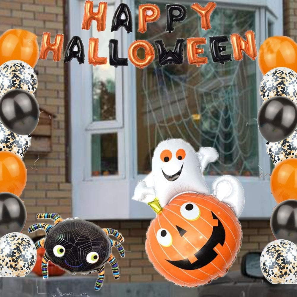 Set 5 Baloane din Folie Metalizata, Figurine, Tema Halloween, Pai Inclus, Ambalaj Individual, Umflare cu Aer sau Heliu, Figurina Dovleac cu Fantoma 64x80 cm, Stelute si Cerculete 45 cm, Multicolor