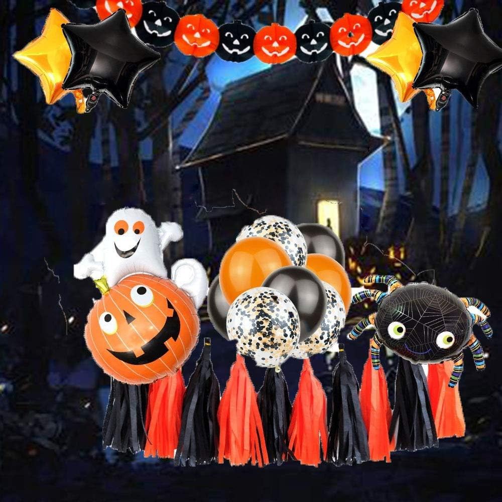 Set 5 Baloane din Folie Metalizata, Figurine, Tema Halloween, Pai Inclus, Ambalaj Individual, Umflare cu Aer sau Heliu, Figurina Dovleac cu Fantoma 64x80 cm, Stelute si Cerculete 45 cm, Multicolor