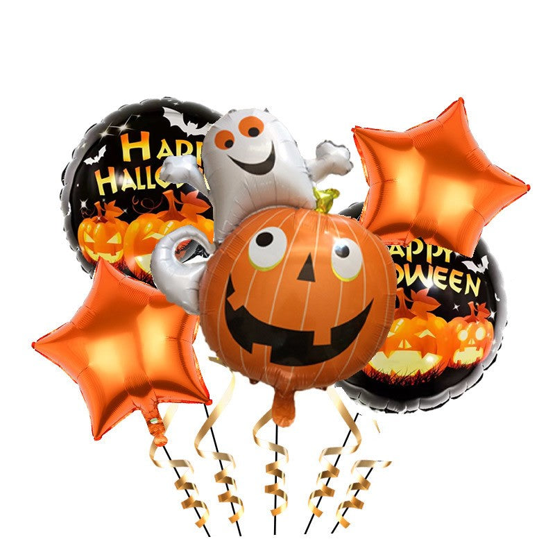 Set 5 Baloane din Folie Metalizata, Figurine, Tema Halloween, Pai Inclus, Ambalaj Individual, Umflare cu Aer sau Heliu, Figurina Dovleac cu Fantoma 64x80 cm, Stelute si Cerculete 45 cm, Multicolor