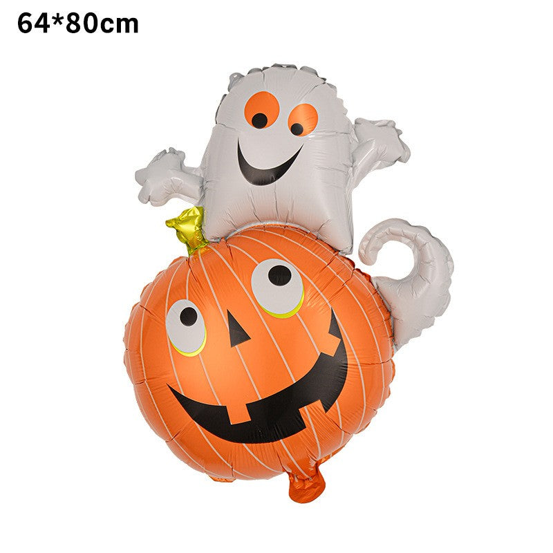 Set 5 Baloane din Folie Metalizata, Figurine, Tema Halloween, Pai Inclus, Ambalaj Individual, Umflare cu Aer sau Heliu, Figurina Dovleac cu Fantoma 64x80 cm, Stelute si Cerculete 45 cm, Multicolor