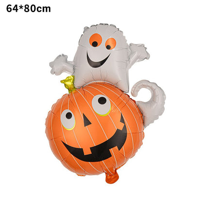 Set 5 Baloane din Folie Metalizata, Figurine, Tema Halloween, Pai Inclus, Ambalaj Individual, Umflare cu Aer sau Heliu, Figurina Dovleac cu Fantoma 64x80 cm, Stelute si Cerculete 45 cm, Multicolor