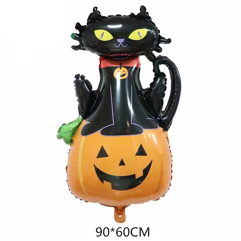 Set 5 Baloane din Folie Metalizata, Figurine, Tema Halloween, Pai Inclus, Ambalaj Individual, Umflare cu Aer sau Heliu, Figurina Dovleac si Pisica 90x60 cm, Stelute si Cerculete 45 cm, Portocaliu-Negru