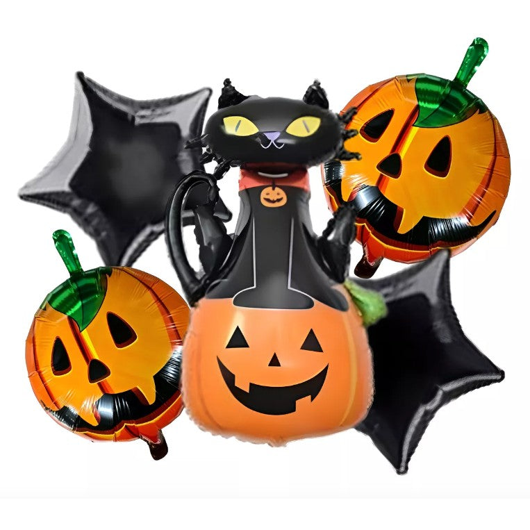 Set 5 Baloane din Folie Metalizata, Figurine, Tema Halloween, Pai Inclus, Ambalaj Individual, Umflare cu Aer sau Heliu, Figurina Dovleac si Pisica 90x60 cm, Stelute si Cerculete 45 cm, Portocaliu-Negru