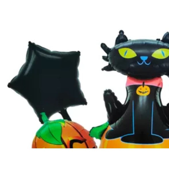 Set 5 Baloane din Folie Metalizata, Figurine, Tema Halloween, Pai Inclus, Ambalaj Individual, Umflare cu Aer sau Heliu, Figurina Dovleac si Pisica 90x60 cm, Stelute si Cerculete 45 cm, Portocaliu-Negru