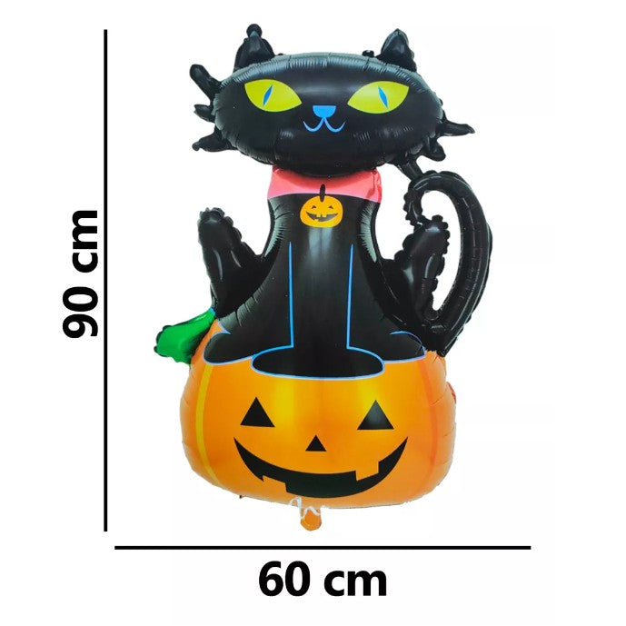 Set 5 Baloane din Folie Metalizata, Figurine, Tema Halloween, Pai Inclus, Ambalaj Individual, Umflare cu Aer sau Heliu, Figurina Dovleac si Pisica 90x60 cm, Stelute si Cerculete 45 cm, Portocaliu-Negru