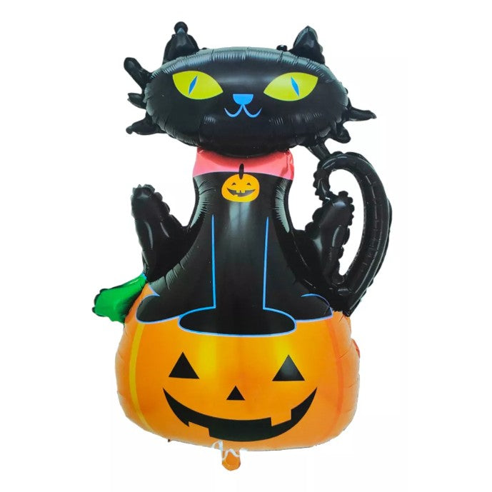 Set 5 Baloane din Folie Metalizata, Figurine, Tema Halloween, Pai Inclus, Ambalaj Individual, Umflare cu Aer sau Heliu, Figurina Dovleac si Pisica 90x60 cm, Stelute si Cerculete 45 cm, Portocaliu-Negru