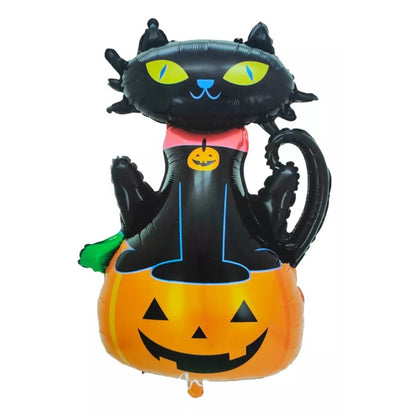 Set 5 Baloane din Folie Metalizata, Figurine, Tema Halloween, Pai Inclus, Ambalaj Individual, Umflare cu Aer sau Heliu, Figurina Dovleac si Pisica 90x60 cm, Stelute si Cerculete 45 cm, Portocaliu-Negru