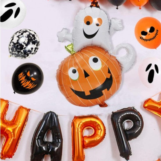 Set 5 Baloane din Folie Metalizata, Figurine, Tema Halloween, Pai Inclus, Ambalaj Individual, Umflare cu Aer sau Heliu, Figurina Dovleac cu Fantoma 64x80 cm, Stelute si Cerculete 45 cm, Multicolor