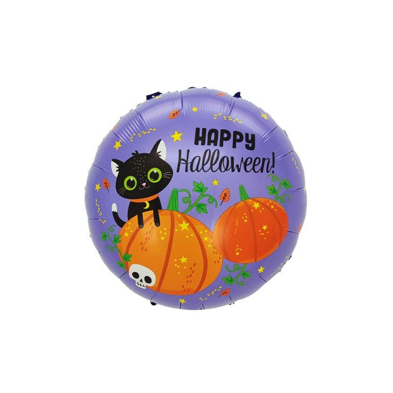 Set 5 Baloane din Folie Metalizata, Figurine, Tema Halloween, Pai Inclus, Ambalaj Individual, Umflare cu Aer sau Heliu, Figurina Dovleac si Pisica 84x69 cm, Stelute si Cerculete 45 cm, Multicolor