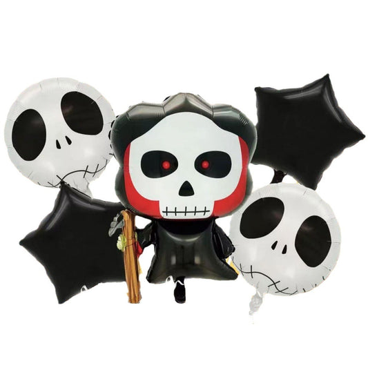 Set 5 Baloane din Folie Metalizata, Figurine, Tema Halloween, Pai Inclus, Ambalaj Individual, Umflare cu Aer sau Heliu, Figurina Craniu 50.5x74 cm, Stelute si Cerculete 45 cm, Alb-Negru