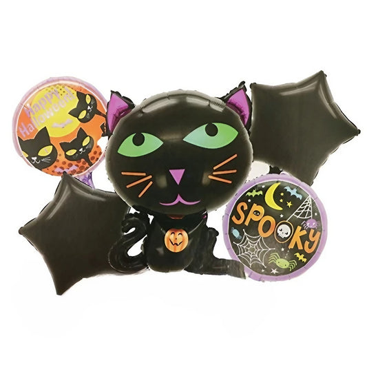 Set 5 Baloane din Folie Metalizata, Figurine, Tema Halloween, Pai Inclus, Ambalaj Individual, Umflare cu Aer sau Heliu, Figurina Pisica 65x49 cm, Stelute si Cerculete 45 cm, Negru