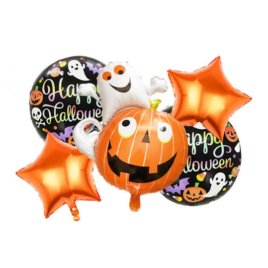 Set 5 Baloane din Folie Metalizata, Figurine, Tema Halloween, Pai Inclus, Ambalaj Individual, Umflare cu Aer sau Heliu, Figurina Dovleac cu Fantoma 64x80 cm, Stelute si Cerculete 45 cm, Multicolor