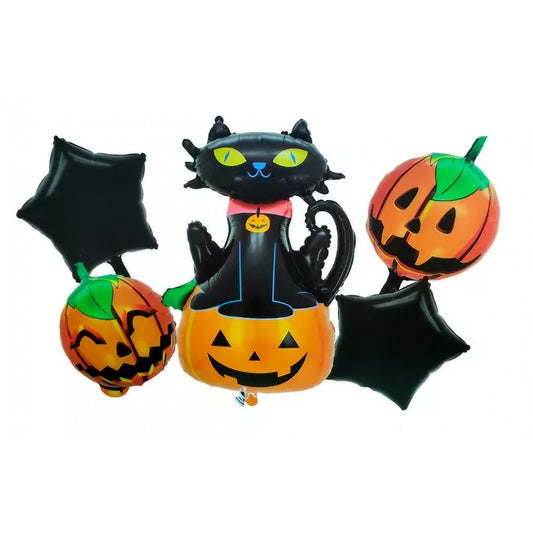 Set 5 Baloane din Folie Metalizata, Figurine, Tema Halloween, Pai Inclus, Ambalaj Individual, Umflare cu Aer sau Heliu, Figurina Dovleac si Pisica 90x60 cm, Stelute si Cerculete 45 cm, Portocaliu-Negru