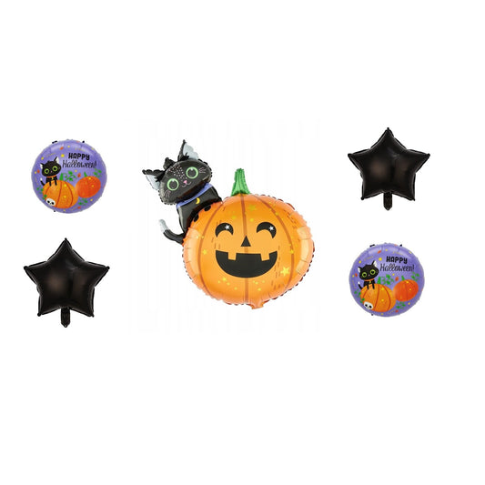 Set 5 Baloane din Folie Metalizata, Figurine, Tema Halloween, Pai Inclus, Ambalaj Individual, Umflare cu Aer sau Heliu, Figurina Dovleac si Pisica 84x69 cm, Stelute si Cerculete 45 cm, Multicolor