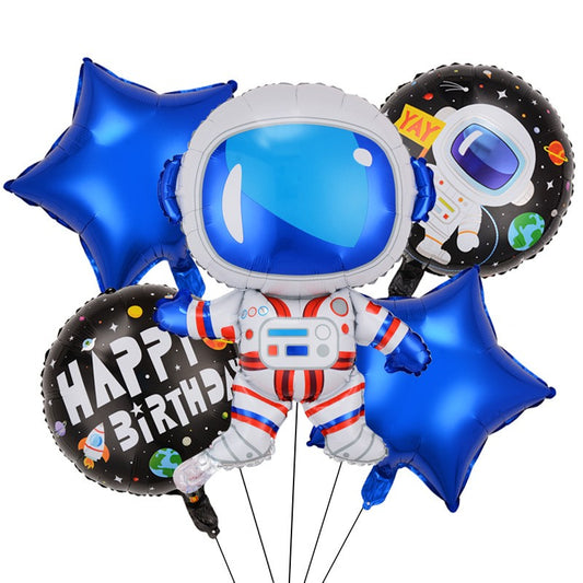 Set 5 baloane din folie metalizata HAPPY BIRTHDAY, Figurina Model Astronaut, Stelute Albastre, Adeziv si pai incluse, 78 x 45cm, Albastru inchis