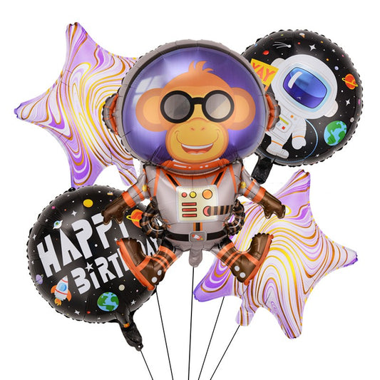 Baloane Model Maimutica Spatiala, Set din 5 baloane, 1 Maimutica Astronaut, 2 Stele, 2 Rotunde, din folie de aluminiu, Adeziv si pai incluse, 78x45cm, Multicolor