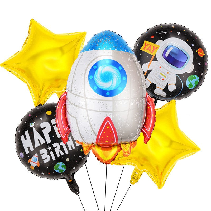 Set 5 baloane din folie metalizata HAPPY BIRTHDAY, Figurina Model Racheta, Stelute Galbene, Adeziv si pai incluse, 78 x 45cm, Galben Alb