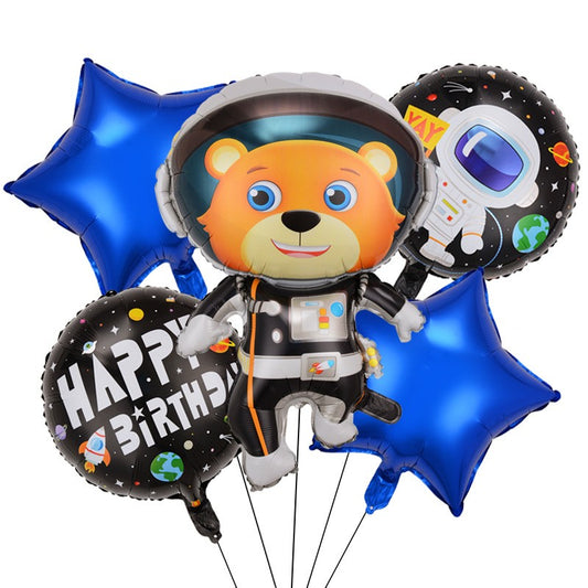 Set 5 baloane din folie metalizata HAPPY BIRTHDAY, Figurina Model Ursuletul Spatial, Stelute Albastre, Adeziv si pai incluse, 78 x 45cm, Multicolor