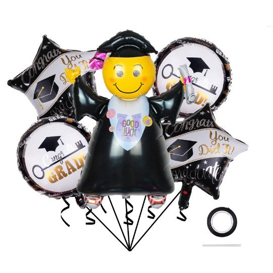 Baloane cu tematica Absolvire, set din 5 baloane, 1 Figurina Absolventa, 2 stele, 2 rotunde, din folie de aluminiu, 70 x 40 cm, Aer si Heliu, Alb Negru
