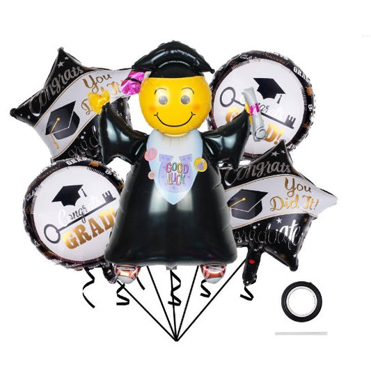 Baloane cu tematica Absolvire, set din 5 baloane, 1 Figurina Absolventa, 2 stele, 2 rotunde, din folie de aluminiu, 70 x 40 cm, Aer si Heliu, Alb Negru