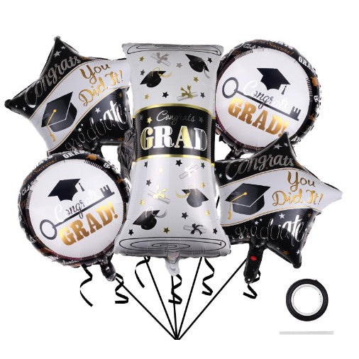 Baloane cu tematica Absolvire, set din 5 baloane, 1 Figurina Diploma, 2 stele, 2 rotunde, din folie de aluminiu, 70 x 40 cm, Aer si Heliu, Alb Negru