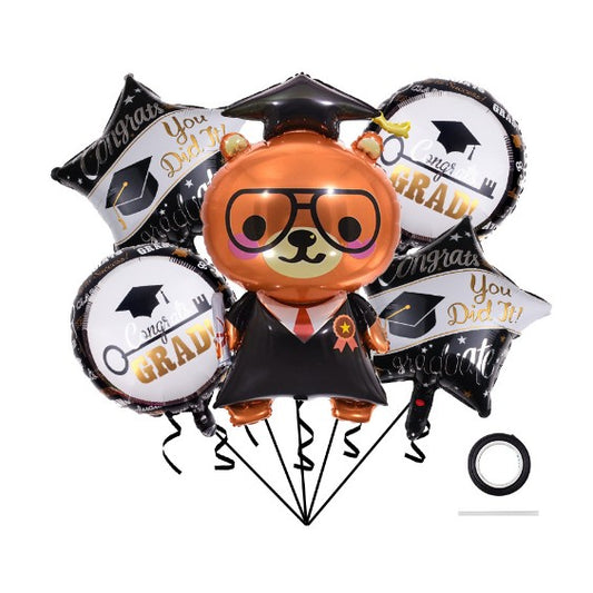 Baloane cu tematica Absolvire, set din 5 baloane, 1 Figurina Ursulet, 2 stele, 2 rotunde, din folie de aluminiu, 70 x 40 cm, Aer si Heliu, Alb Negru