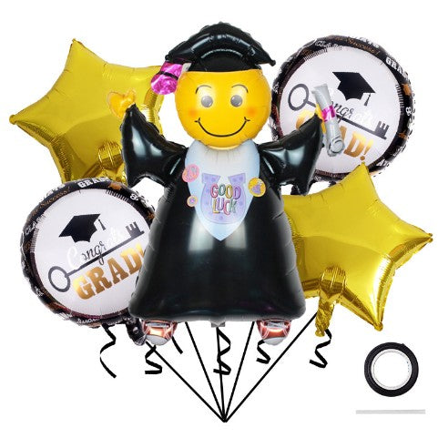 Baloane cu tematica Absolvire, set din 5 baloane, 1 Figurina Absolventa, 2 stele, 2 rotunde, din folie de aluminiu, 70 x 40 cm, Aer si Heliu, Auriu Negru