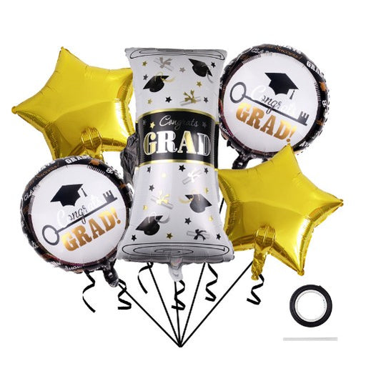 Baloane cu tematica Absolvire, set din 5 baloane, 1 Figurina Diploma, 2 stele, 2 rotunde, din folie de aluminiu, 70 x 40 cm, Aer si Heliu, Auriu Negru