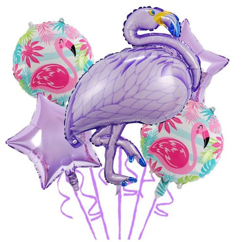 Baloane aniversare Flamingo Party, din Folie de aluminiu si Latex, set din 5 baloane, 1 Flamingo, 2 Stele, 2 rotunde, 60 x 90 cm, Adeziv si pai inclus Mov