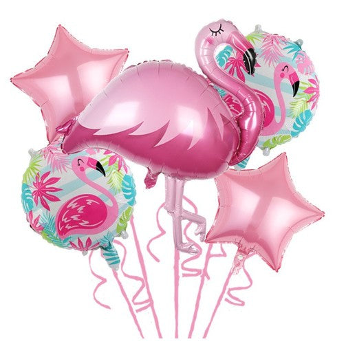 Baloane aniversare Flamingo Party, din Folie de aluminiu si Latex, set din 5 baloane, 1 Flamingo, 2 Stele, 2 rotunde, 60 x 90 cm, Adeziv si pai inclus Rose