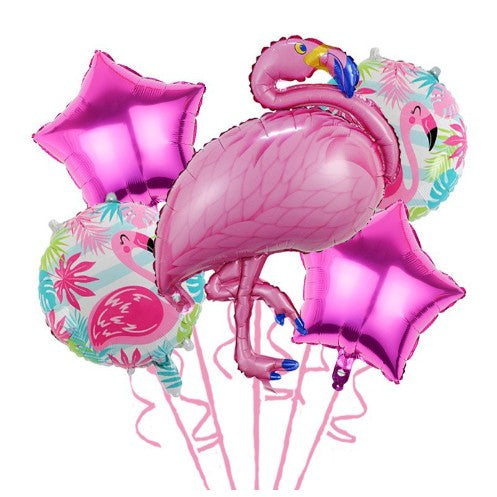 Set Baloane party aniversare, din Folie de aluminiu si Latex, set din 5 baloane Flamigo Party cu 2 stele, 2 baloane rotunde, 60 -90 cm, Roz