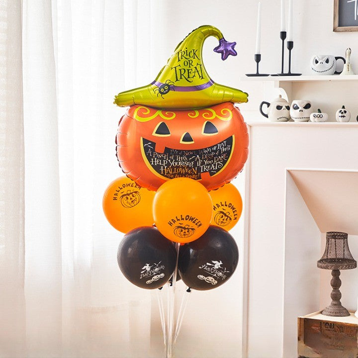 Set 5 Baloane din Folie Metalizata, Figurine, Tema Halloween, Pai Inclus, Ambalaj Individual, Umflare cu Aer sau Heliu, Figurina Dovleac 54x87 cm, Stelute si Cerculete 45 cm, Multicolor