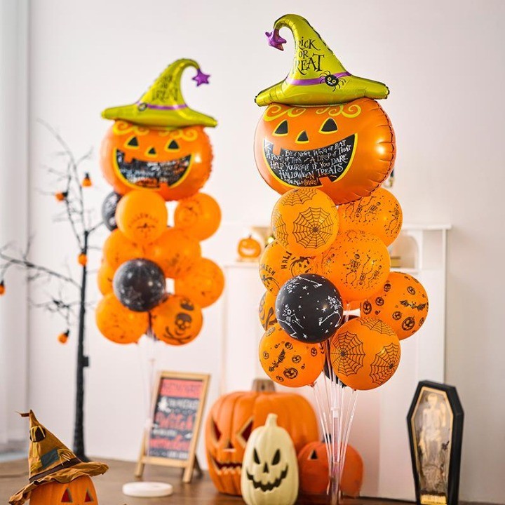 Set 5 Baloane din Folie Metalizata, Figurine, Tema Halloween, Pai Inclus, Ambalaj Individual, Umflare cu Aer sau Heliu, Figurina Dovleac 54x87 cm, Stelute si Cerculete 45 cm, Multicolor