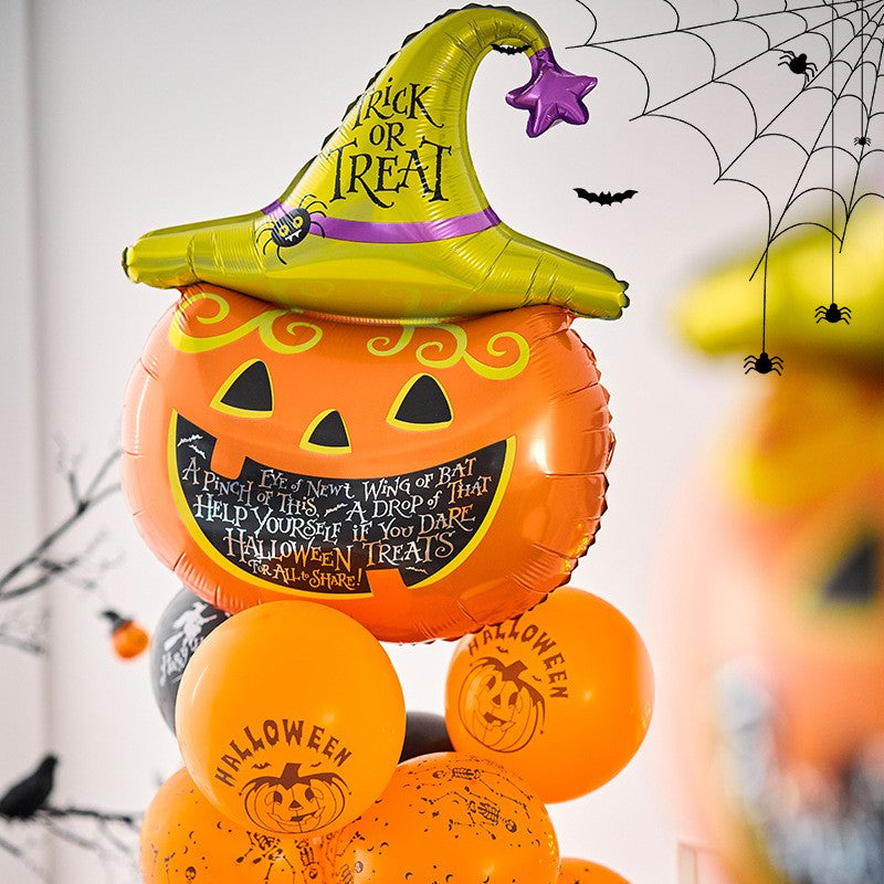 Set 5 Baloane din Folie Metalizata, Figurine, Tema Halloween, Pai Inclus, Ambalaj Individual, Umflare cu Aer sau Heliu, Figurina Dovleac 54x87 cm, Stelute si Cerculete 45 cm, Multicolor
