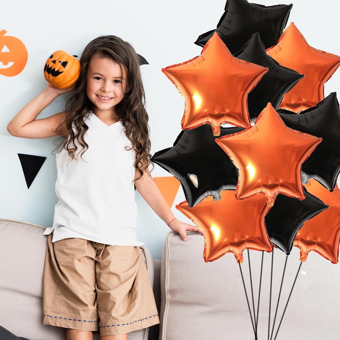 Set 5 Baloane din Folie Metalizata, Figurine, Tema Halloween, Pai Inclus, Ambalaj Individual, Umflare cu Aer sau Heliu, Figurina Dovleac 54x87 cm, Stelute si Cerculete 45 cm, Multicolor
