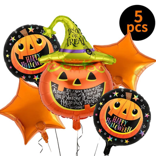 Set 5 Baloane din Folie Metalizata, Figurine, Tema Halloween, Pai Inclus, Ambalaj Individual, Umflare cu Aer sau Heliu, Figurina Dovleac 54x87 cm, Stelute si Cerculete 45 cm, Multicolor
