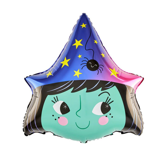 Baloane Halloween, set din 5 Baloane, 1 Little Witch Halloween, 2 stele negre, 2 baloane rotunde multicolore, din folie de aluminiu, 30- 40 cm, pai de carton inclus, Multicolor