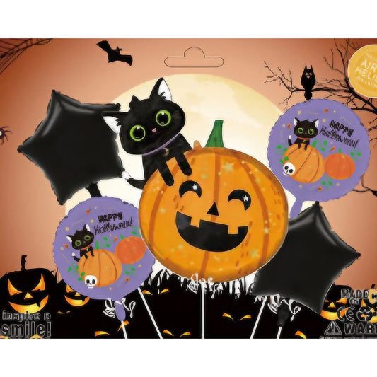 Set 5 Baloane din Folie Metalizata, Figurine, Tema Halloween, Pai Inclus, Ambalaj Individual, Umflare cu Aer sau Heliu, Figurina Dovleac si Pisica 84x69 cm, Stelute si Cerculete 45 cm, Multicolor