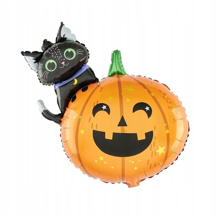 Set 5 Baloane din Folie Metalizata, Figurine, Tema Halloween, Pai Inclus, Ambalaj Individual, Umflare cu Aer sau Heliu, Figurina Dovleac si Pisica 84x69 cm, Stelute si Cerculete 45 cm, Multicolor