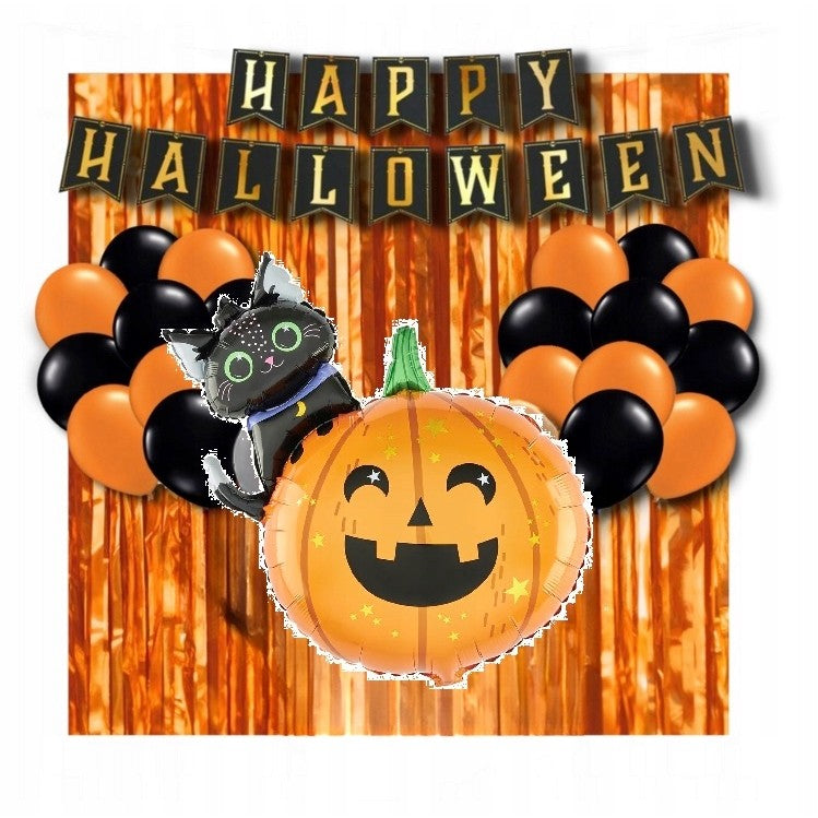 Set 5 Baloane din Folie Metalizata, Figurine, Tema Halloween, Pai Inclus, Ambalaj Individual, Umflare cu Aer sau Heliu, Figurina Dovleac si Pisica 84x69 cm, Stelute si Cerculete 45 cm, Multicolor