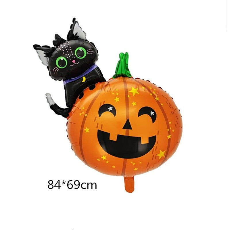 Set 5 Baloane din Folie Metalizata, Figurine, Tema Halloween, Pai Inclus, Ambalaj Individual, Umflare cu Aer sau Heliu, Figurina Dovleac si Pisica 84x69 cm, Stelute si Cerculete 45 cm, Multicolor