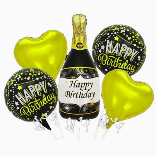 Baloane pentru aniversare, tematica Happy Birthday, set 5 baloane, 1 Sticla Sampanie 103 x 94 cm, 2 inimi, 2 rotunde, din folie de aluminiu, pai de carton inclus, Negru Auriu