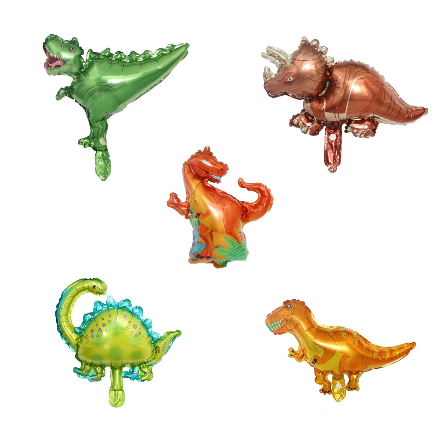 Set 5 Baloane Folie Metalizata, Figurine Dinozauri, 30 cm, Ambalaj Individual, Pai inclus, Umflare cu Aer sau Heliu, Multicolor