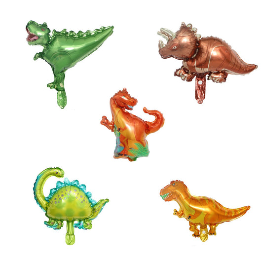 Set 5 Baloane Folie Metalizata, Figurine Dinozauri, 30 cm, Ambalaj Individual, Pai inclus, Umflare cu Aer sau Heliu, Multicolor