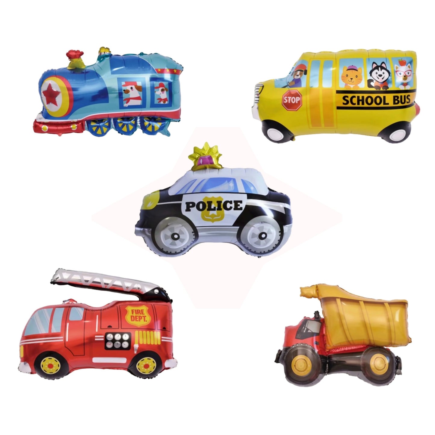 Set 5 Baloane Folie Metalizata, Figurine Masini, 30 cm, Ambalaj Individual, Pai inclus, Umflare cu Aer sau Heliu, Multicolor