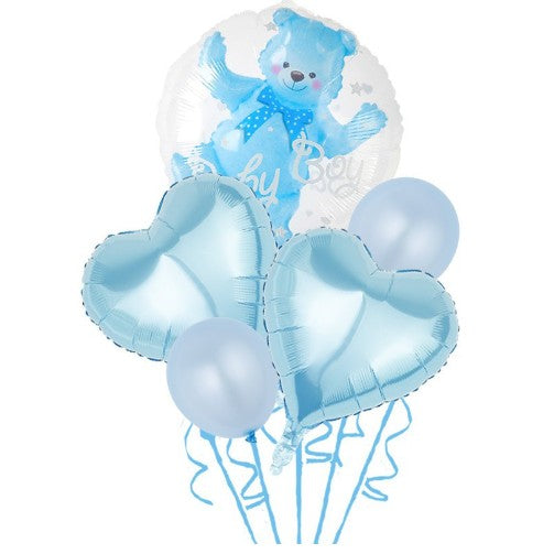 Set Baloane Aniversare, set din 5 bucati, 1 bucata urs, 2 inimi folie, 2 simple din latex Baby Boy, 60 cm Albastru