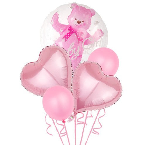 Set Baloane Aniversare, set din 5 bucati, 1 bucata urs, 2 inimi folie, 2 simple din latex Baby Girl, 60 cm Roz