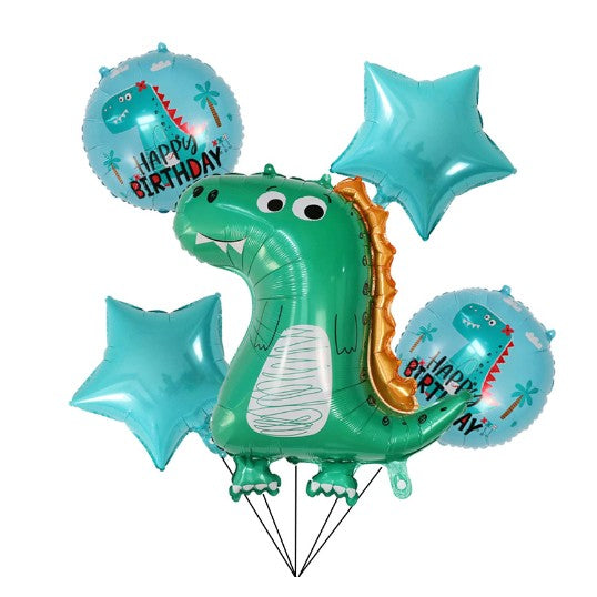 Set 5 Baloane folie de aluminiu, Figurina Dinozaur, pentru aniversare HAPYY BIRTHDAY, Stelute Albastre si Baloane Albastre, 50 - 70 cm